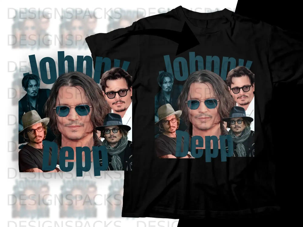 Collage of Johnny Depp in various roles on a black t-shirt.