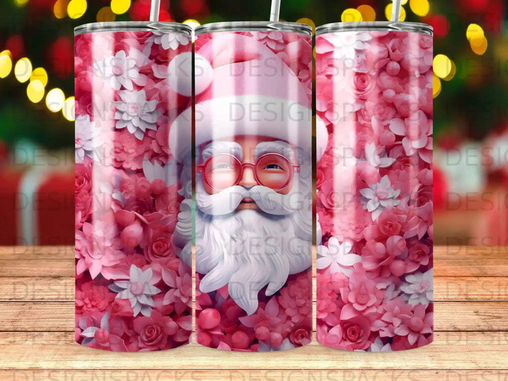 Pink floral tumbler featuring a cartoon Santa Claus with glasses and a white beard.