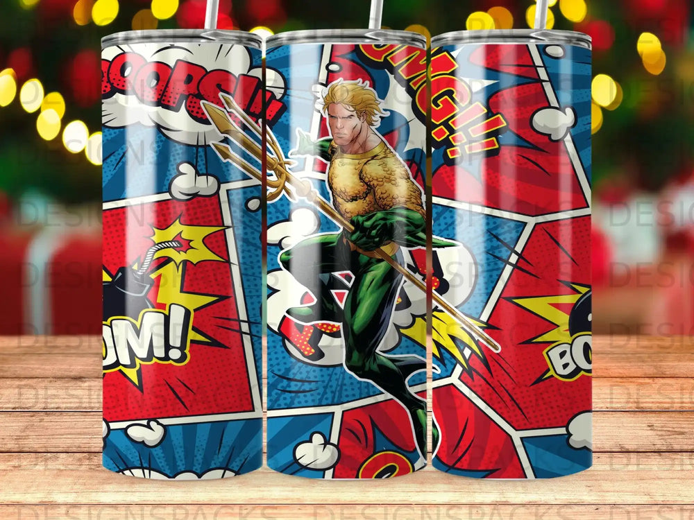 Aquaman in comic book style with trident against pop art background.