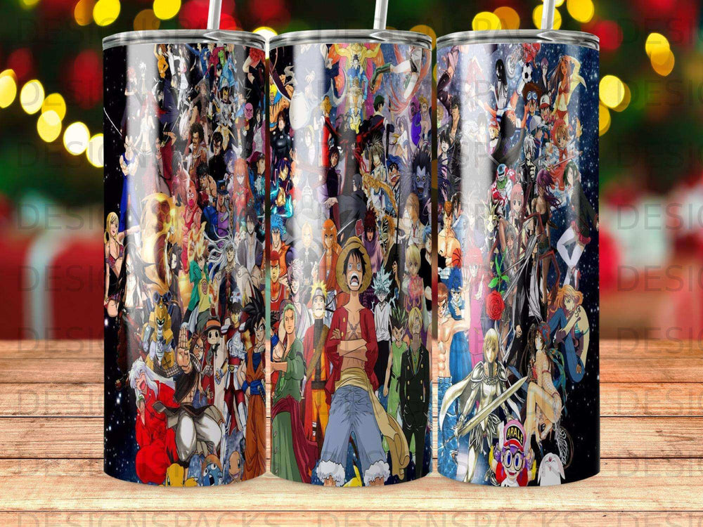 Collage of anime characters on a tumbler with a starry background.