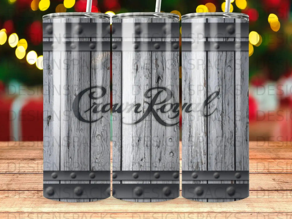 Wooden barrel-style tumbler with Crown Royal logo.