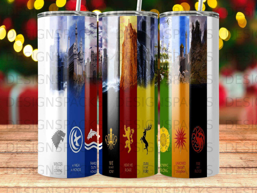 Tumbler featuring Game of Thrones house sigils and mottos.