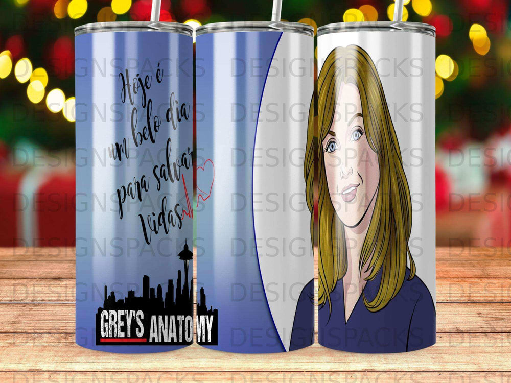Grey's Anatomy tumbler with a woman's portrait and text in Portuguese.