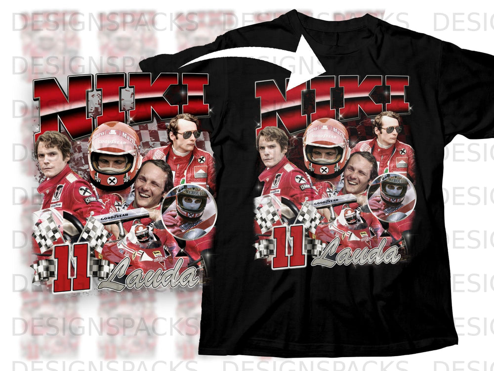 Niki Lauda graphic with racing imagery and checkered flags on a black shirt.