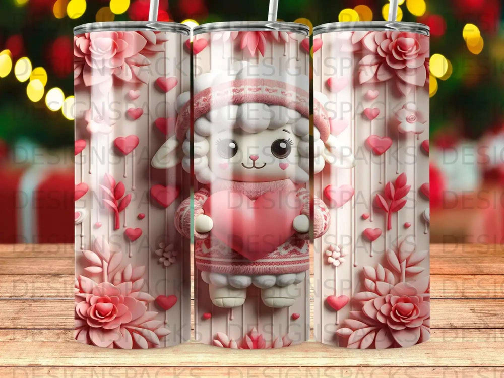 Cute cartoon sheep holding a heart, surrounded by pink flowers and hearts.