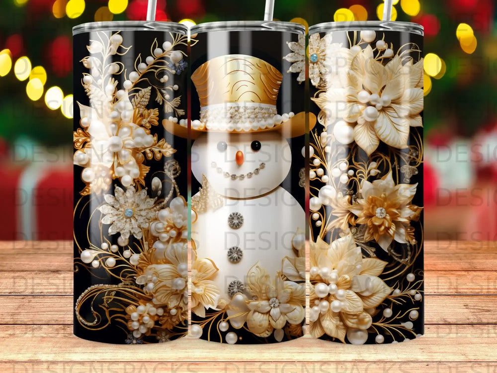 Snowman tumbler with ornate white and gold floral designs.