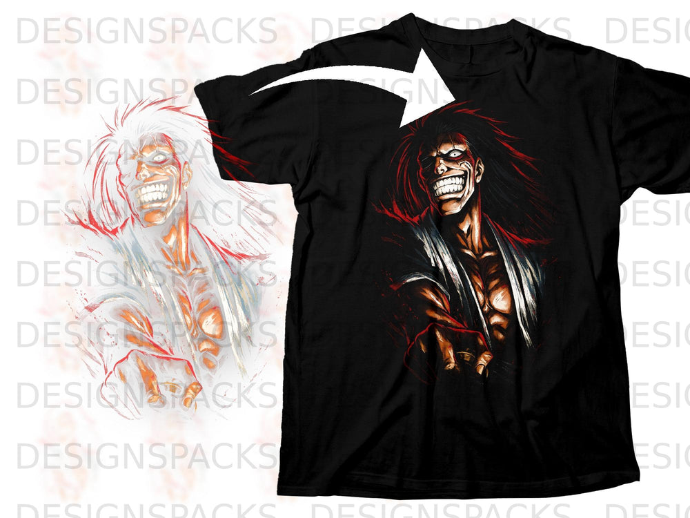 Black t-shirt with a stylized, screaming anime character illustration.