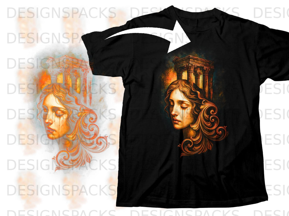 Black t-shirt with a distressed print of a woman's face and ancient Greek columns.