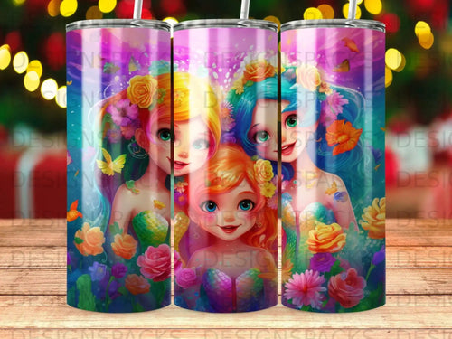 Three cartoon mermaids with colorful hair surrounded by flowers and butterflies.
