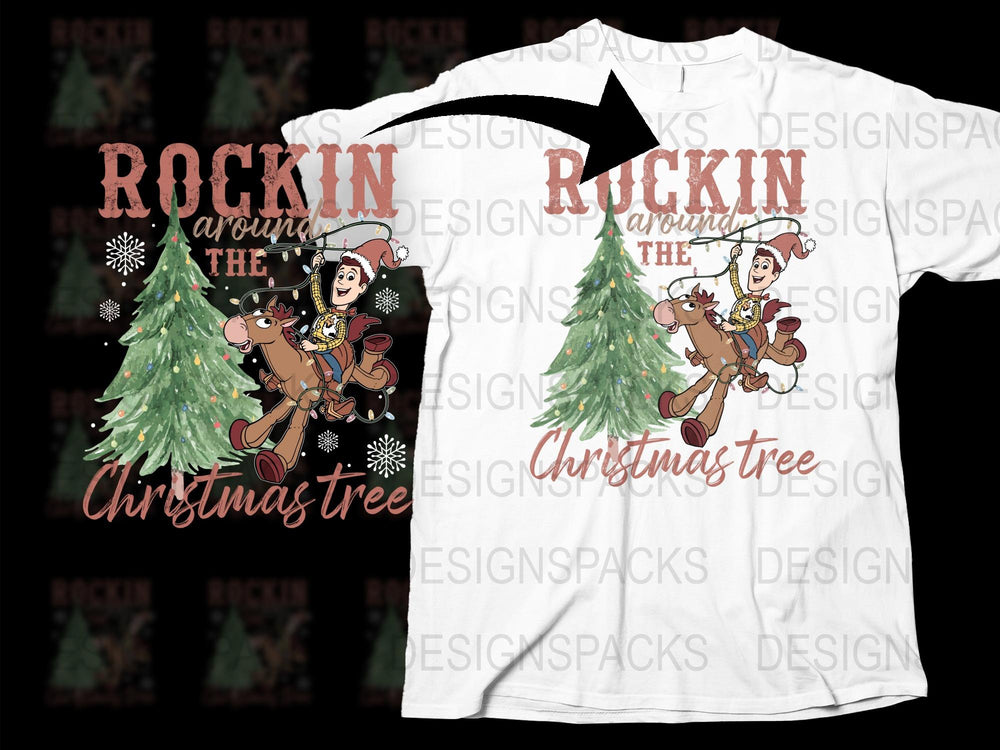 Rockin Around The Christmas Tree T-Shirt, Holiday Graphic Tee, Festive Reindeer and Elf Design, Unisex Winter Apparel