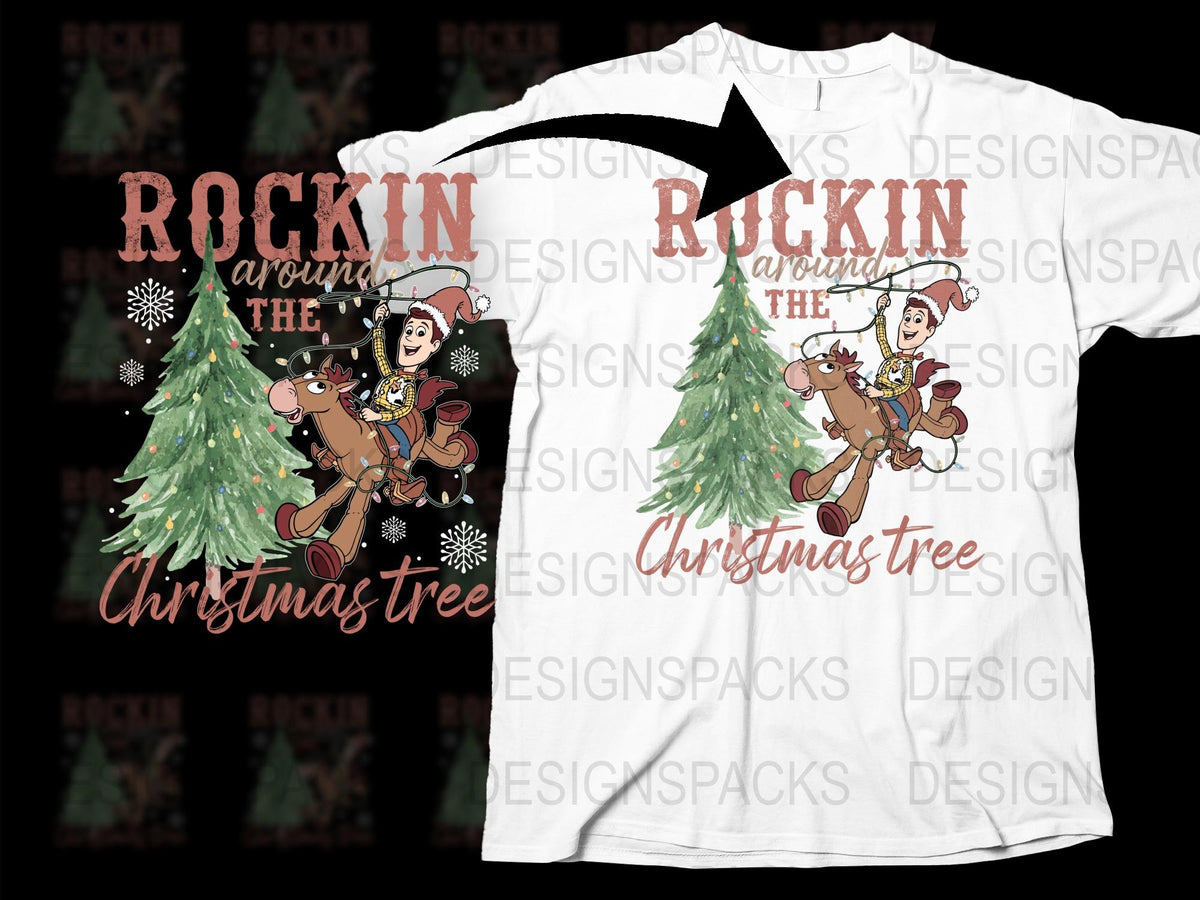 Rockin Around The Christmas Tree T-Shirt, Holiday Graphic Tee, Festive Reindeer and Elf Design, Unisex Winter Apparel