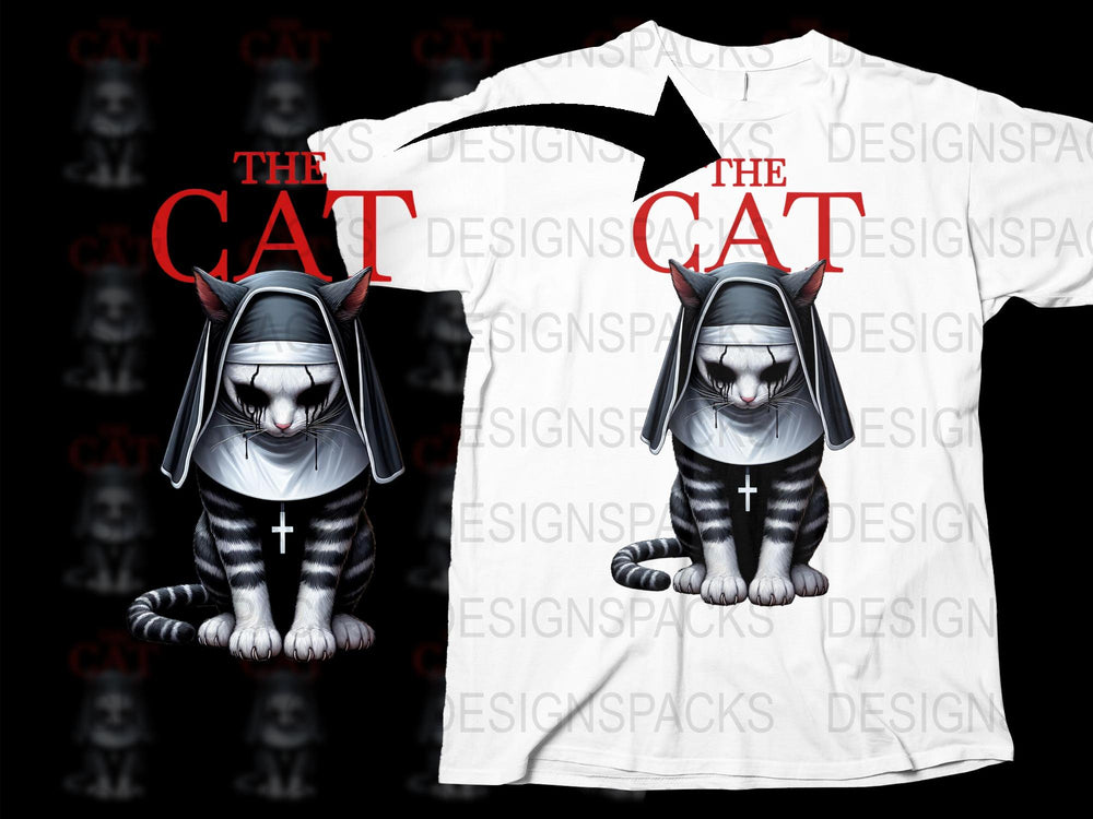 Gothic Cat T-Shirt with Devil Horns and Cross, Unique Dark Humor Tee, Unisex Casual Outfit