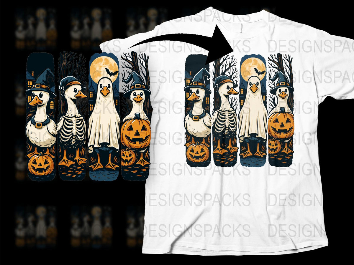 Halloween Duck T-Shirt, Cute Spooky Costume Ducks, Pumpkin and Full Moon, Autumn Festive Apparel for All Ages