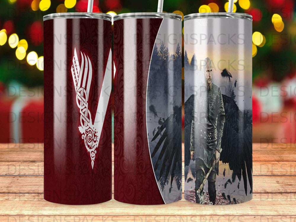 Viking warrior with axe and wings on a patterned tumbler.