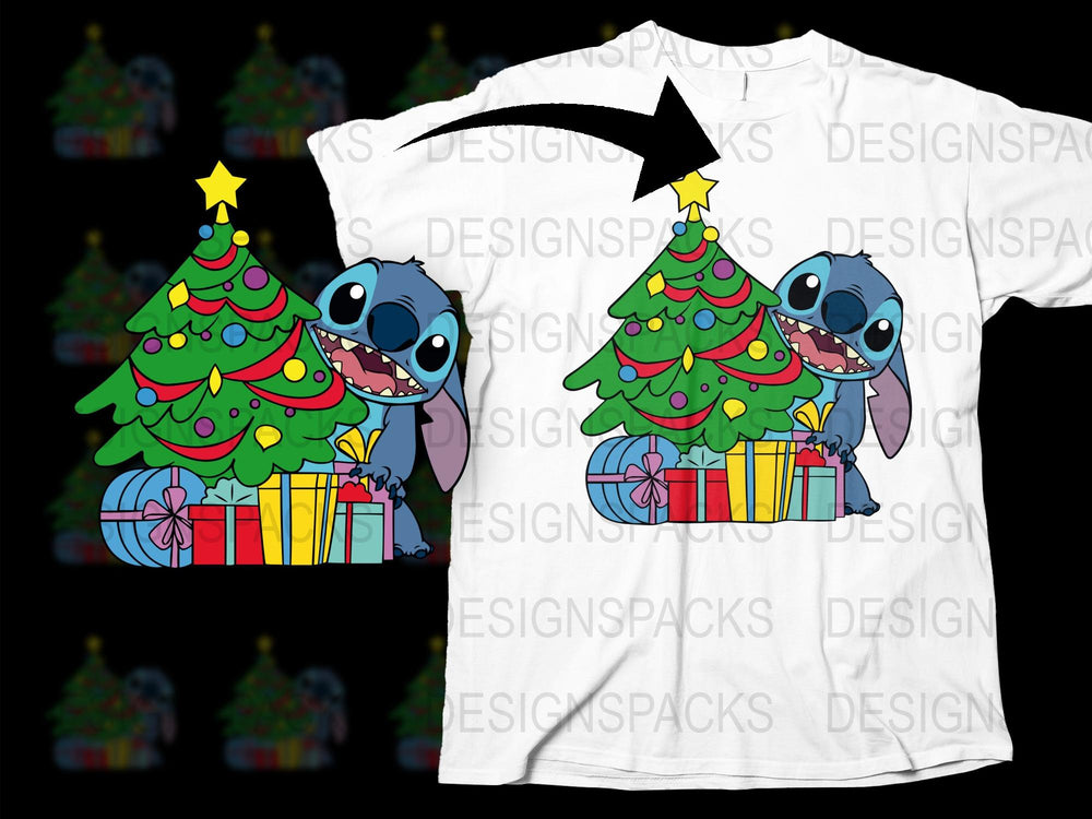 Cute Cartoon Alien Holiday T-Shirt, Christmas Tree and Gifts, Festive Children’s Apparel, Colorful Unisex Kids Tee