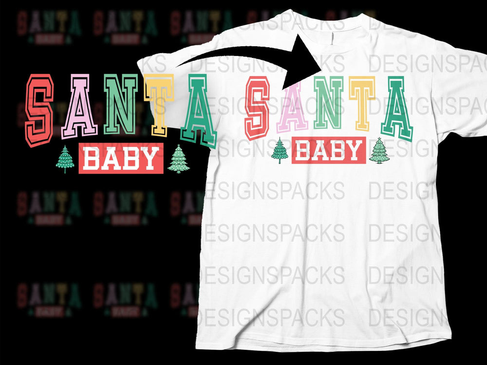 Santa Baby T-Shirt Festive Christmas Holiday Tee with Colorful Lettering and Trees