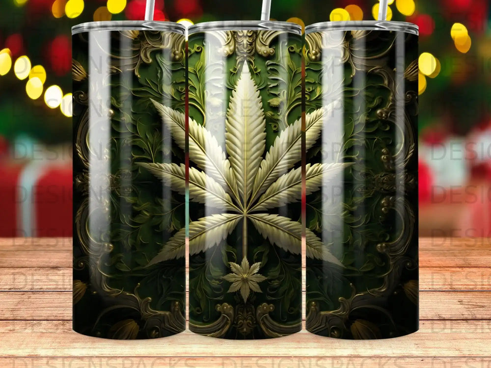 Gold cannabis leaf on ornate green background.