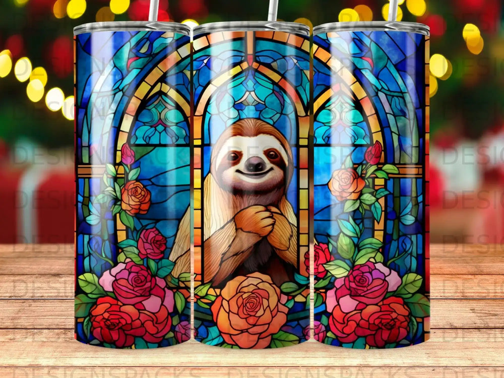 Stained glass sloth with roses design on a tumbler.