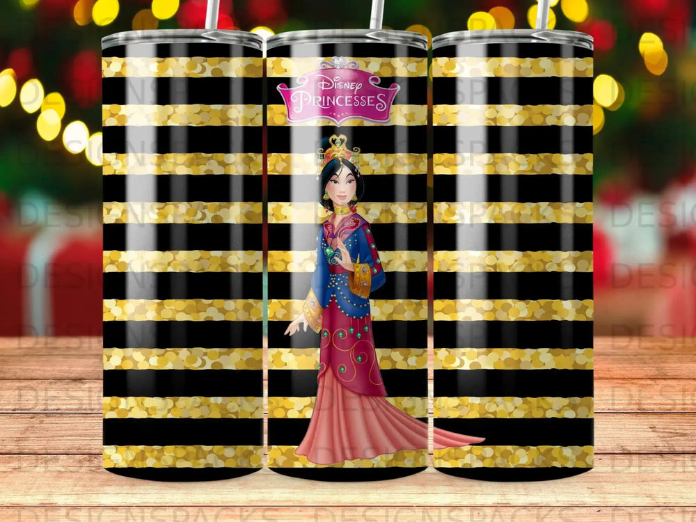 Mulan Disney Princess Gold Glitter Black Stripes Tumbler product type