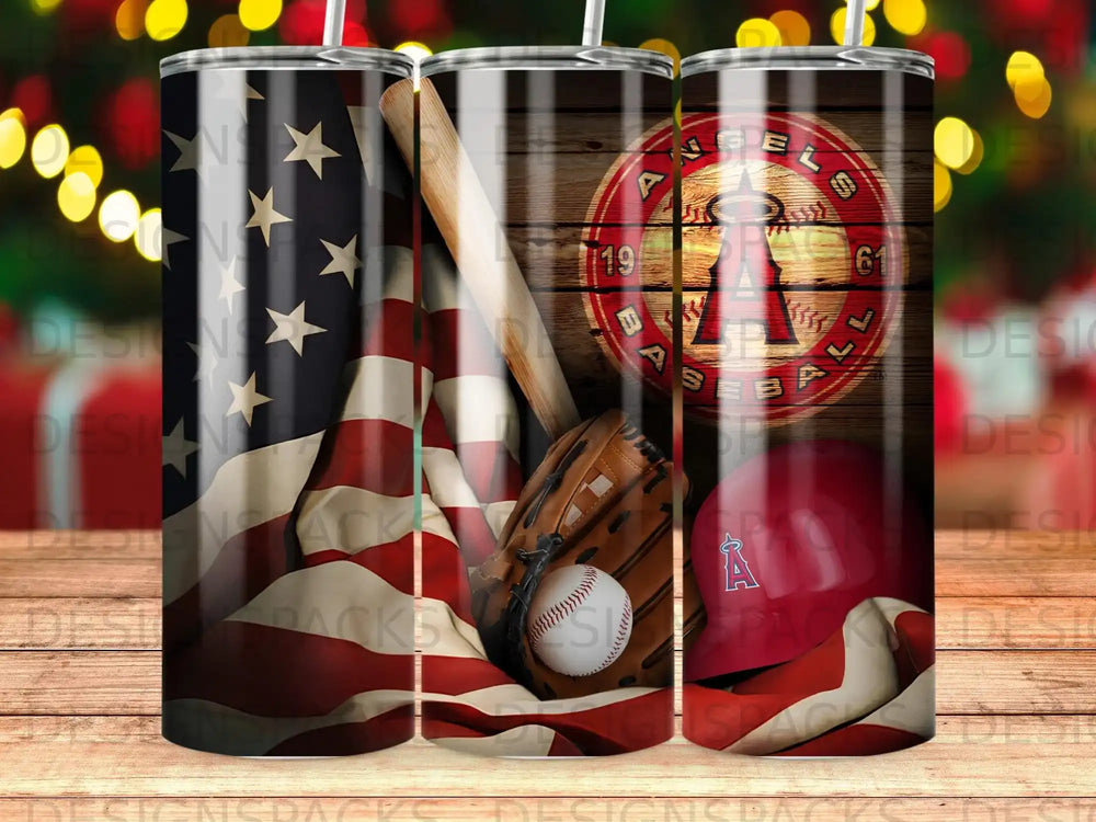 Angels baseball team logo, baseball glove, bat, helmet, and American flag.