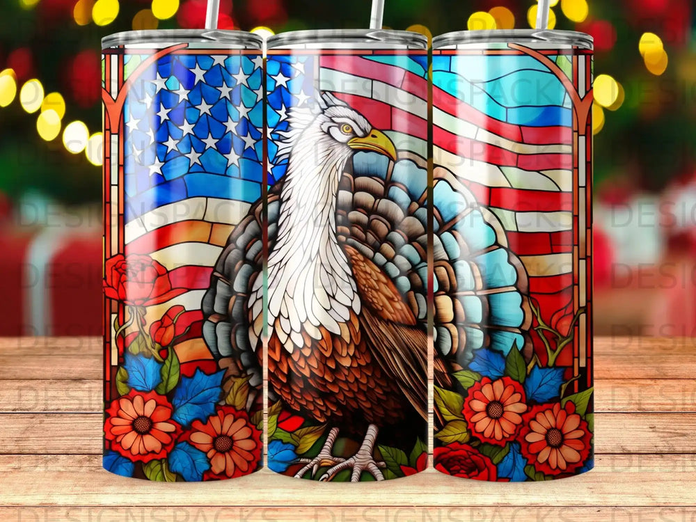 Eagle with American flag and stained-glass effect, surrounded by flowers.