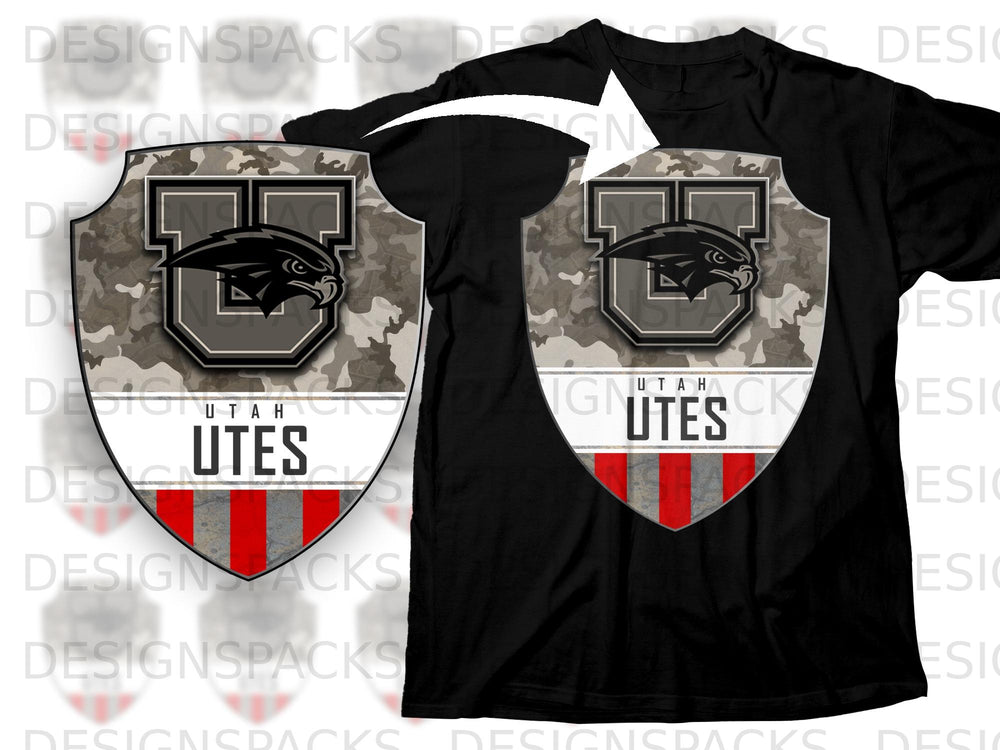 Black t-shirt featuring a shield logo with a falcon, "Utah Utes" text, and camouflage pattern.