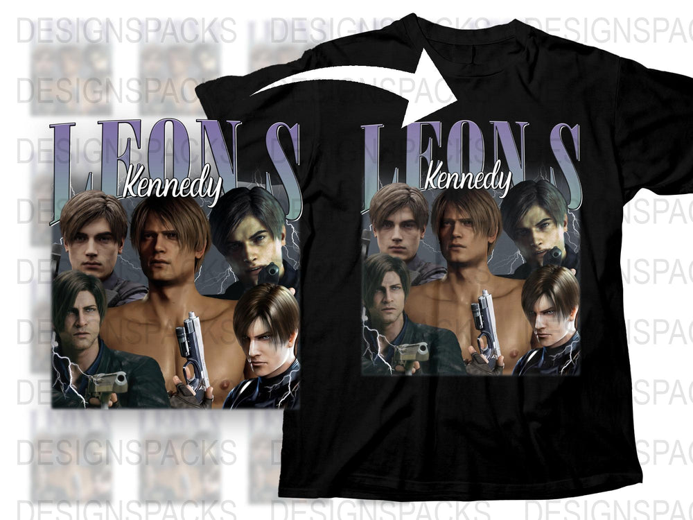 Leon Kennedy T-Shirt, Resident Evil Inspired Fan Art, Video Game Character Tee, Multiple Poses Graphic, Black Cotton Shirt