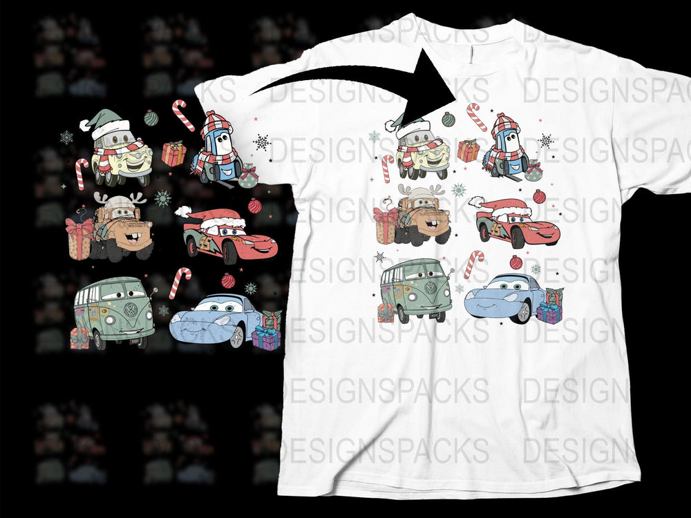 Kids Christmas T-Shirt with Cute Cartoon Cars and Holiday Motifs, Festive Children's Clothing