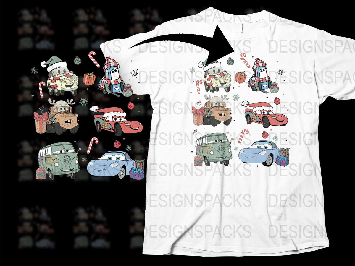 Kids Christmas T-Shirt with Cute Cartoon Cars and Holiday Motifs, Festive Children's Clothing