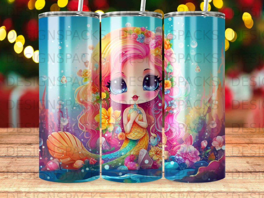 Mermaid with colorful hair and tail surrounded by coral and flowers.