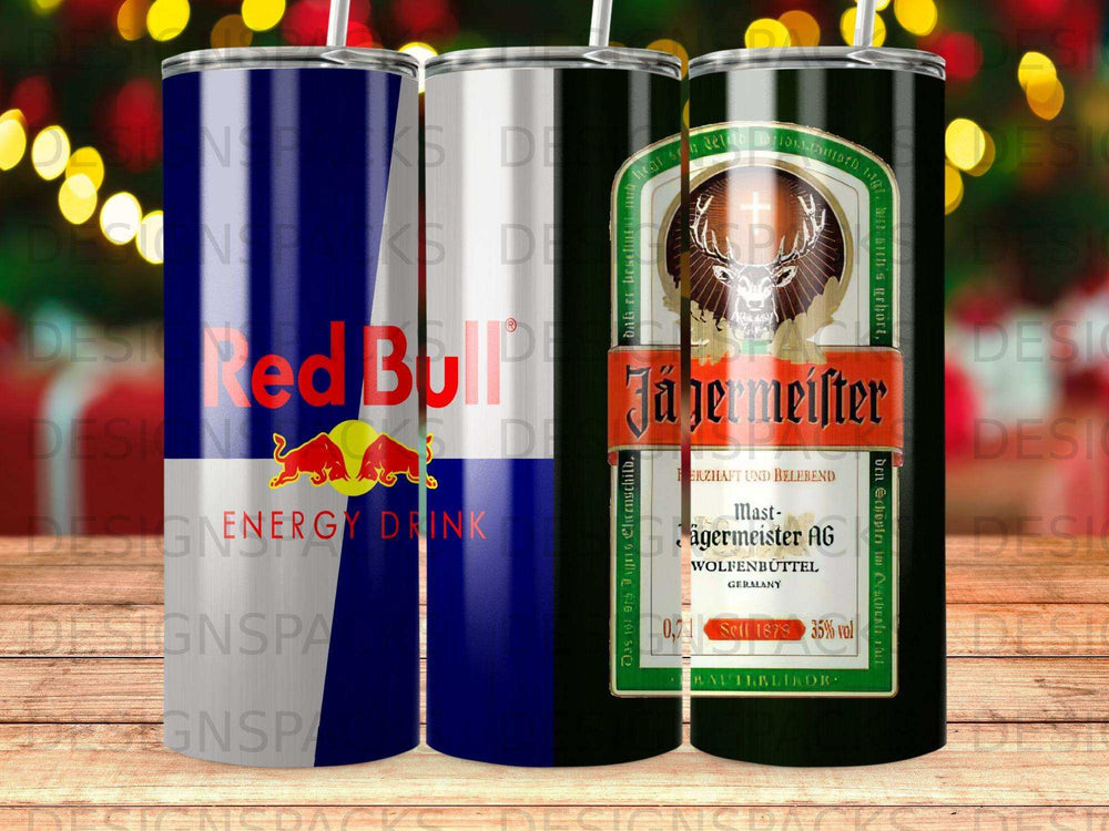 Red Bull energy drink and Jägermeister liquor tumblers.
