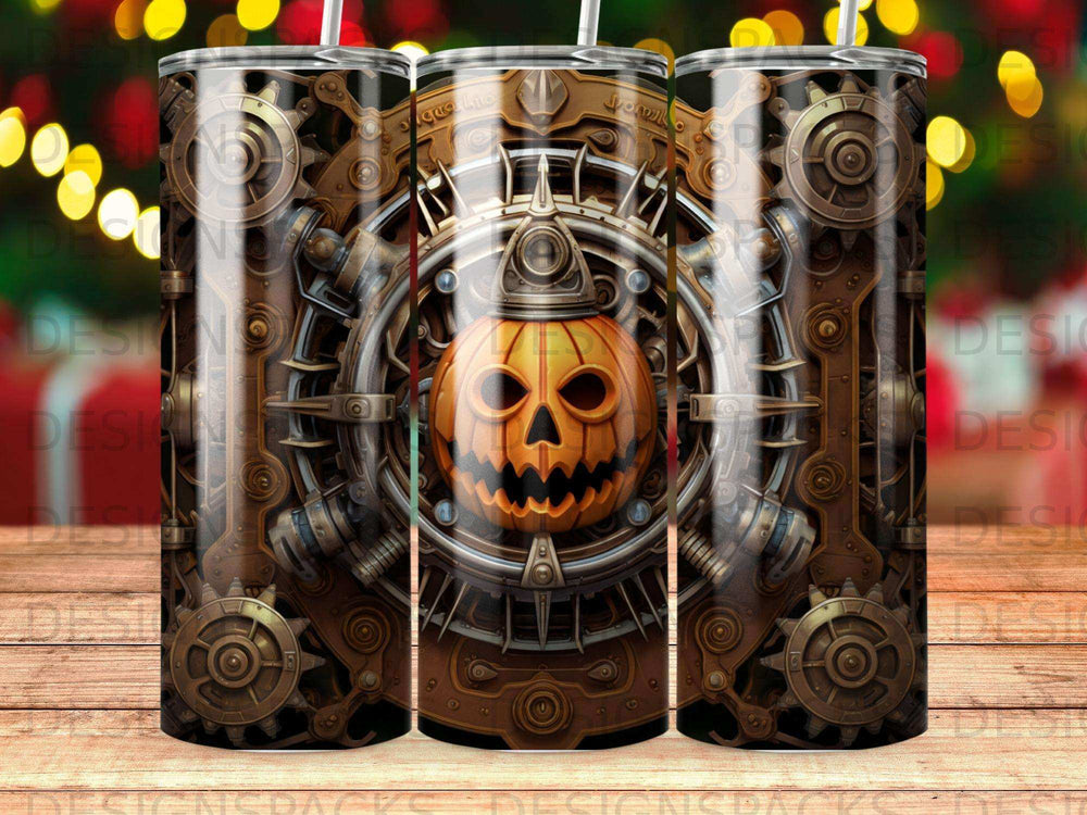 Halloween pumpkin with gears and clockwork design on a tumbler.