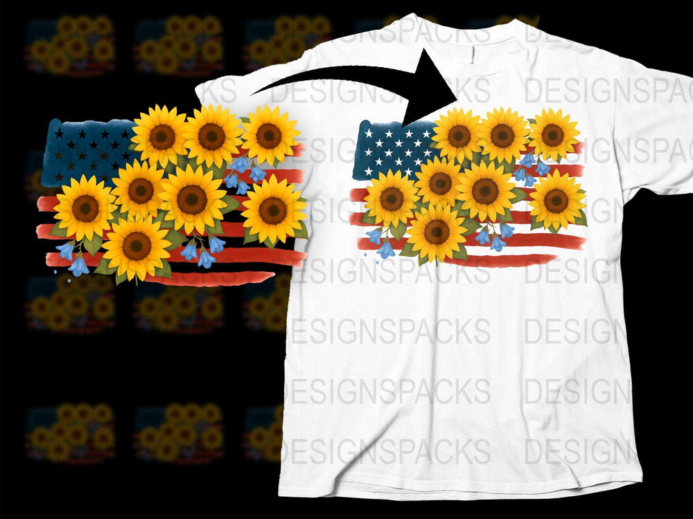 Patriotic Sunflower Graphic T-Shirt, American Flag Floral Tee, Summer Casual Fashion, Unisex Cotton Shirt