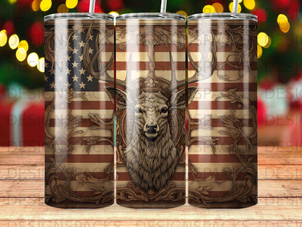 Deer head with American flag and ornate border on tumbler.