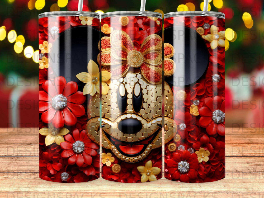 Minnie Mouse face with red floral and gold sequin accents on a tumbler.