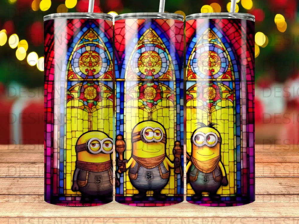 Three Minions standing in front of a stained glass window.