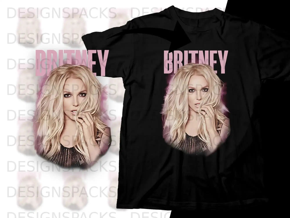 Britney Spears on black t-shirt with pink "BRITNEY" text.