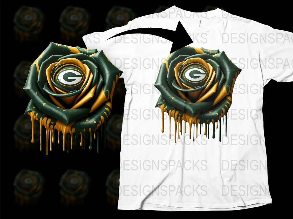 Green Bay Packers Inspired Artistic Rose Drip Graphic T-Shirt, Unique Sports Fan Apparel