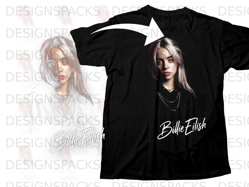 Black t-shirt featuring a portrait of Billie Eilish and her signature.