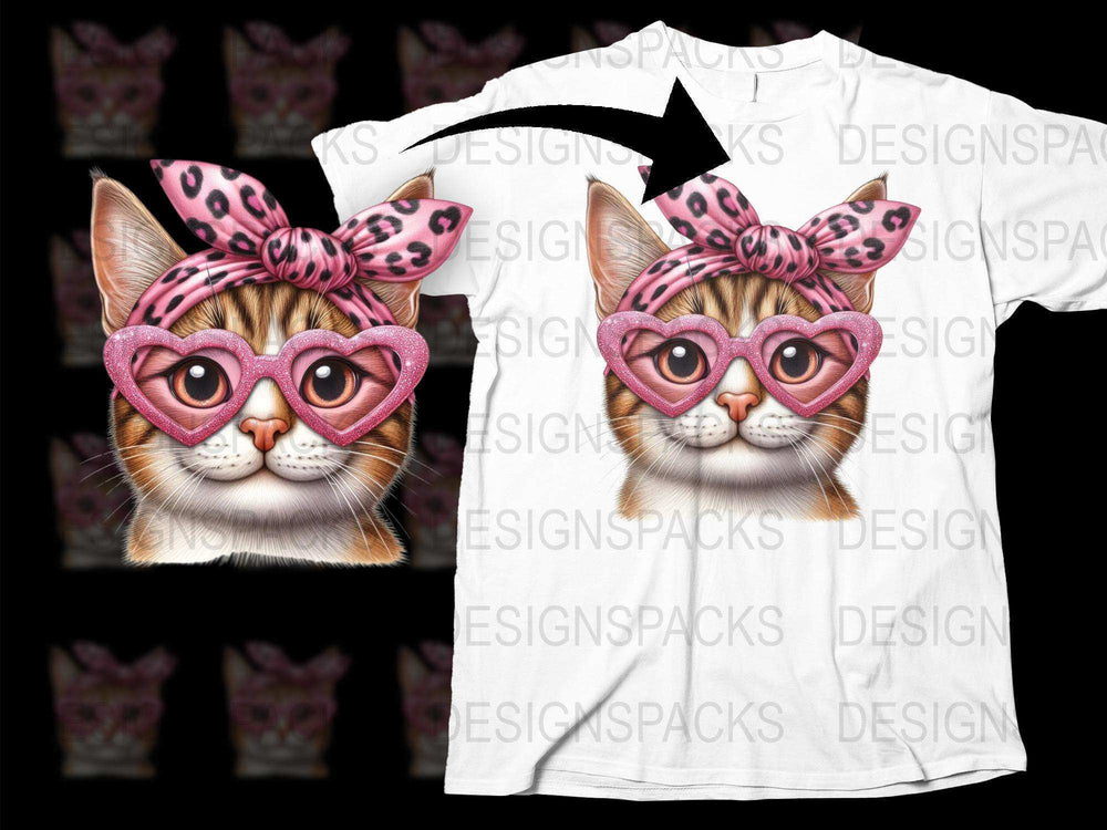 Cute Cat T-Shirt with Pink Bow and Heart Glasses, Fun Animal Graphic Tee, Unique Gift Idea for Cat Lovers