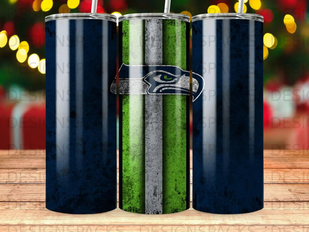 Seattle Seahawks logo on a navy and green striped tumbler.