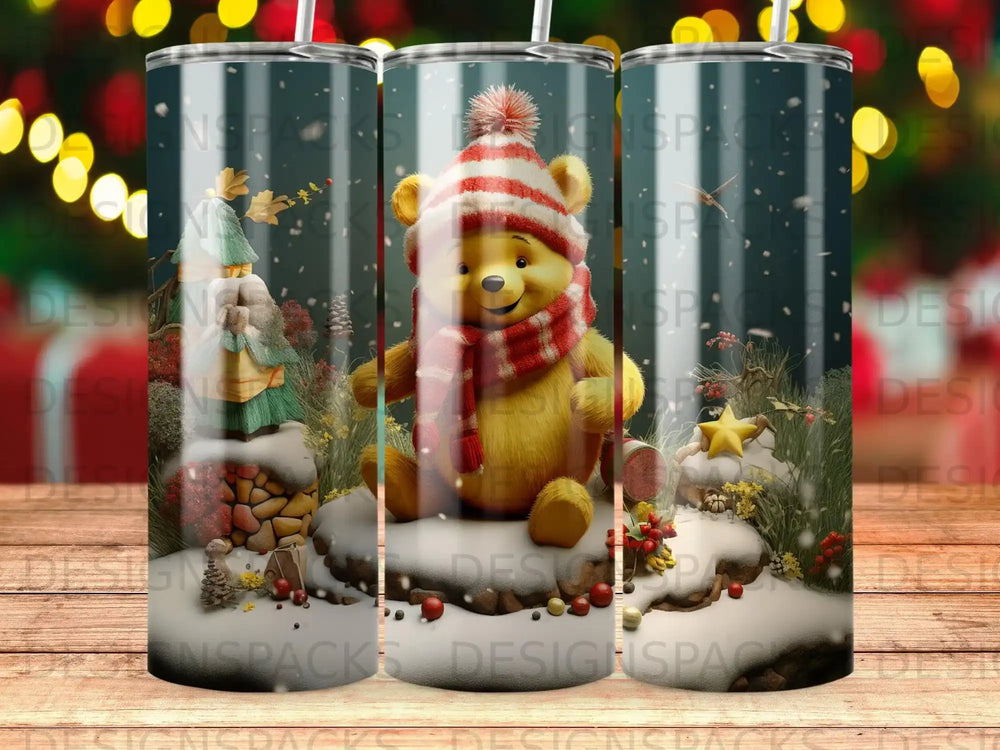 Winnie the Pooh in winter hat and scarf, surrounded by snow and festive decorations.