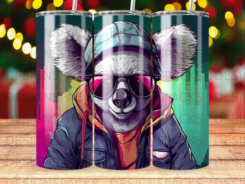 Koala wearing sunglasses and a beanie, with a cityscape background.
