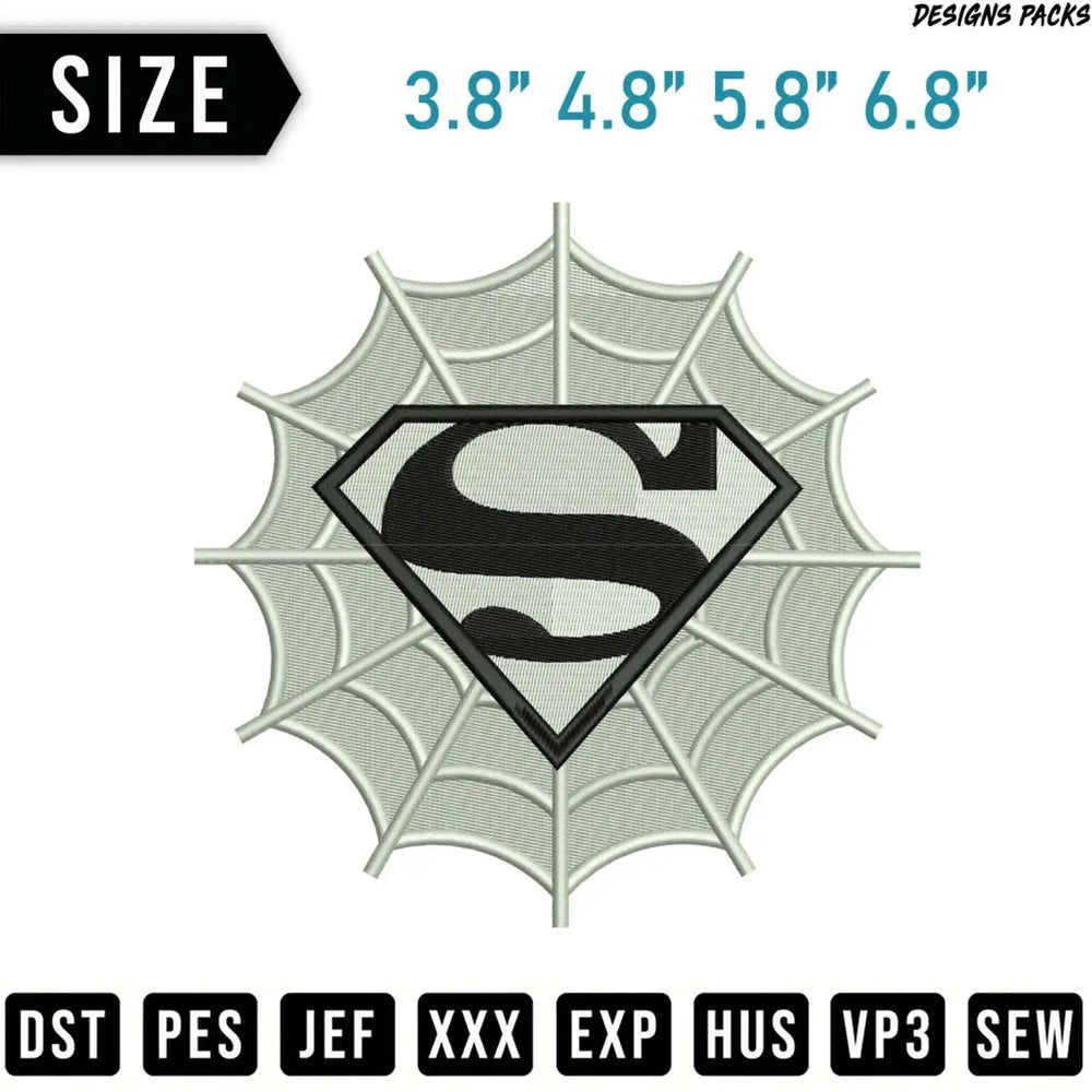 Embroidery design of a black and silver Superman S-shield with spiderweb background.