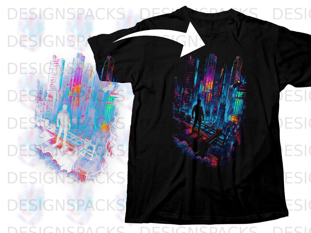 Black t-shirt featuring a silhouette of a person overlooking a vibrant, neon-lit cityscape.