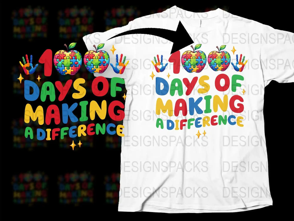 100 Days of Making a Difference T-Shirt, Colorful Teacher Anniversary Tee, Celebration Apparel with Graphic Design