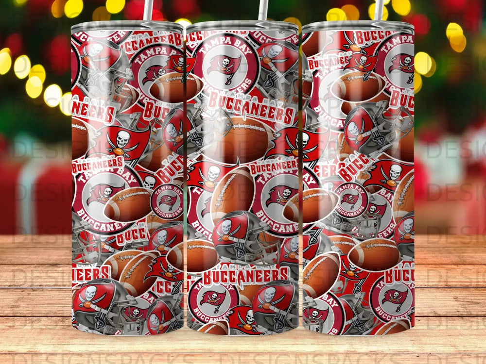 Tampa Bay Buccaneers logo and footballs pattern on cylindrical objects.