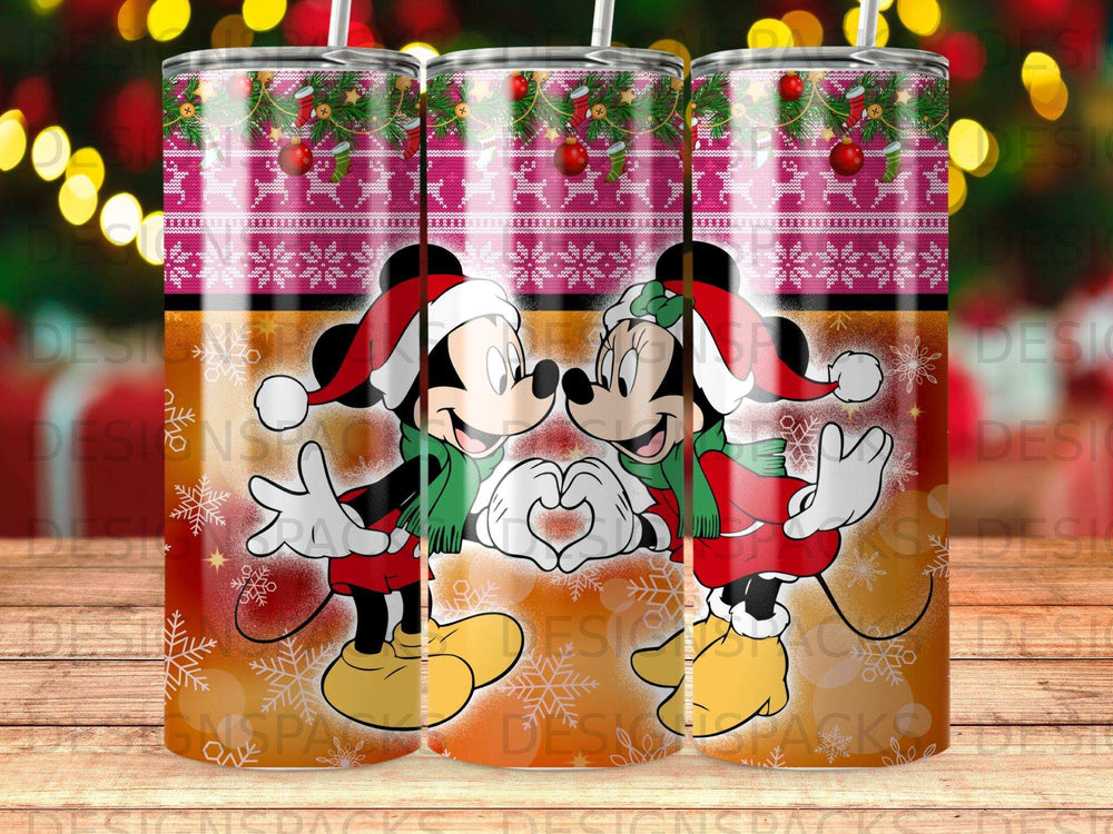 Mickey and Minnie Mouse with holiday hats and scarves, holding hands in a heart shape.