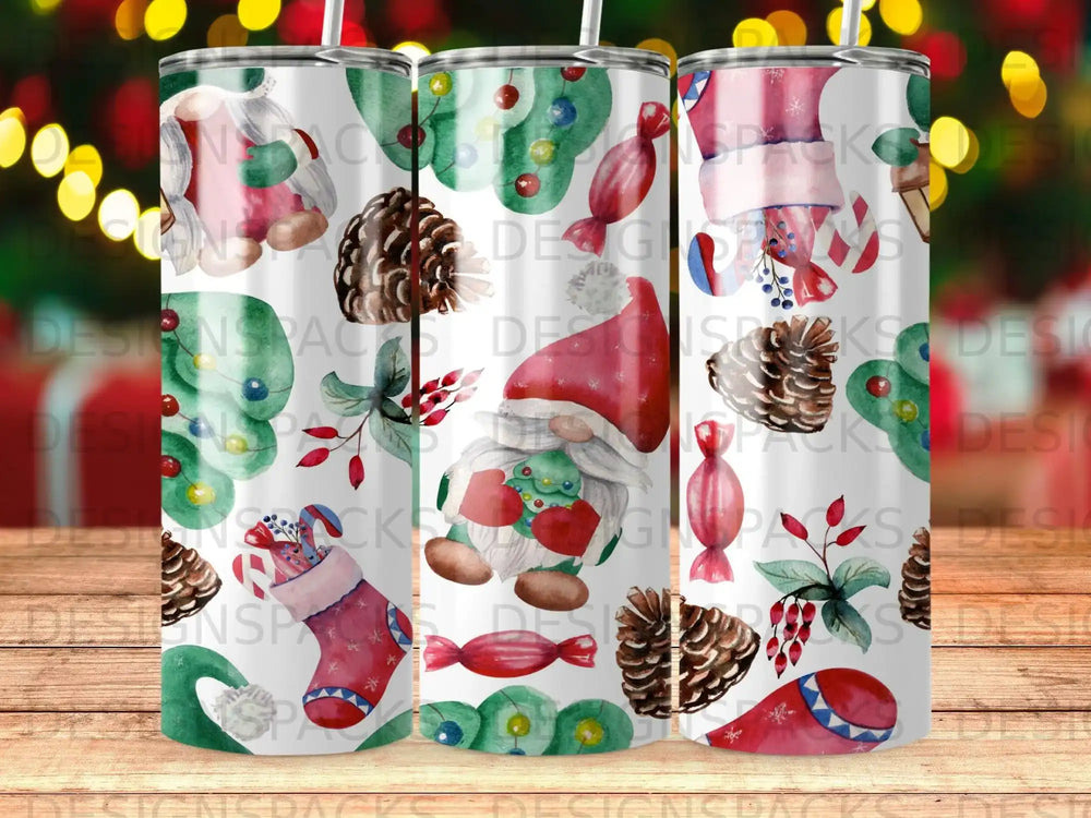 Christmas gnome with candy canes, pinecones, and ornaments on tumblers.
