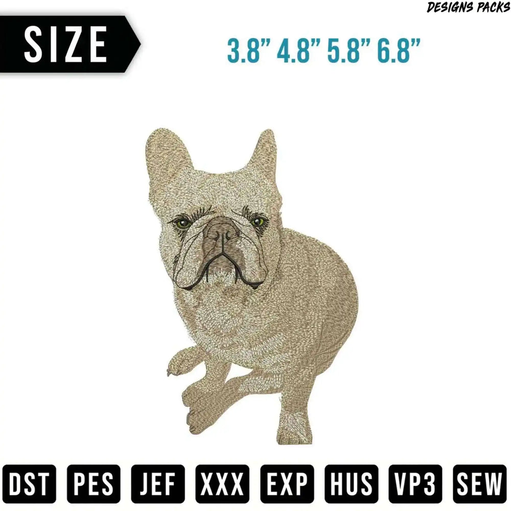 French Bulldog embroidery design with size and format options.